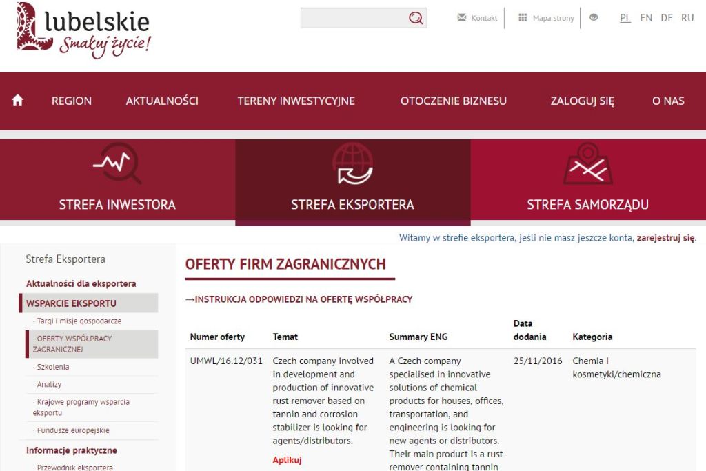 Informacja Urzędu Marszałkowskiego - Oferty firm zagranicznych