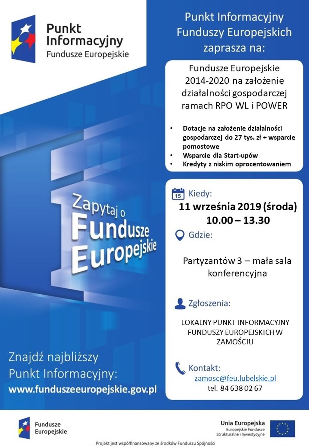 Fundusze Europejskie na założenie działalności gospodarczej, spotkanie w Zamościu