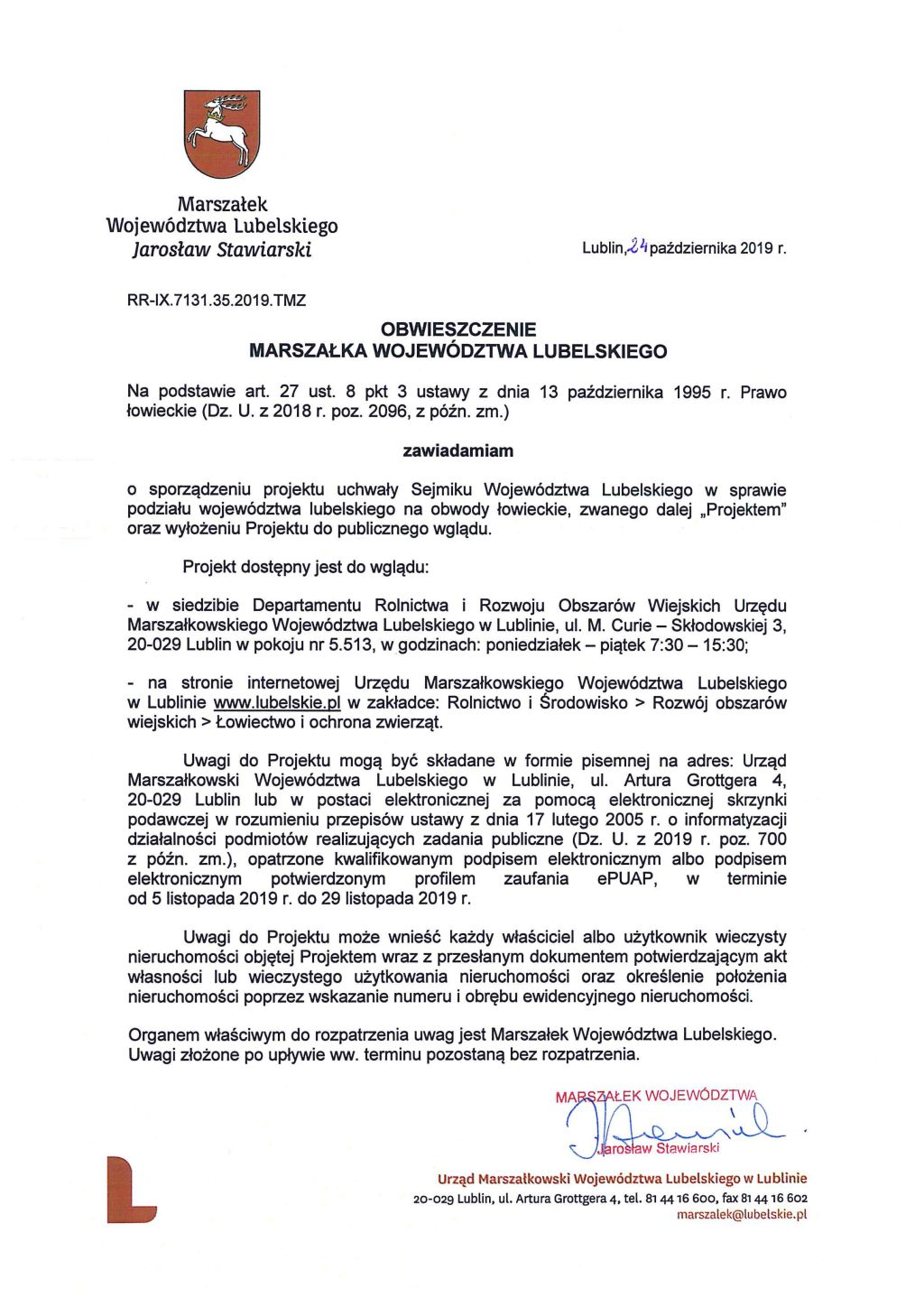Obwieszczenie Marszałka Województwa Lubelskiego o sporządzeniu projektu uchwały w sprawie podziału województwa lubelskiego na obwody łowieckie