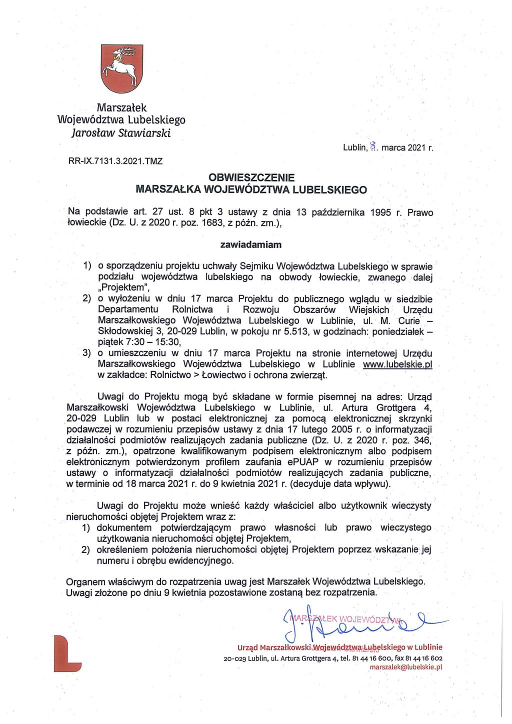 Obwieszczenie o projekcie uchwały w sprawie podziału województwa lubelskiego na obwody łowieckie
