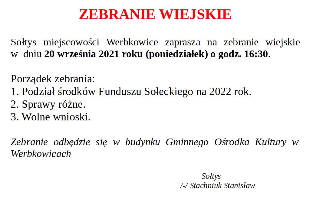 Sołectwo Werbkowice - zebranie wiejskie w dniu 20 września 2021 