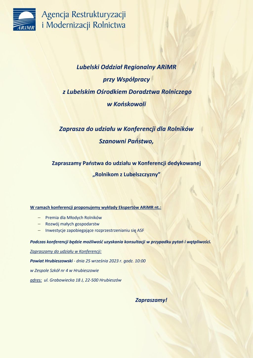 Zaproszenie na Konferencję dedykowaną „Rolnikom z Lubelszczyzny”