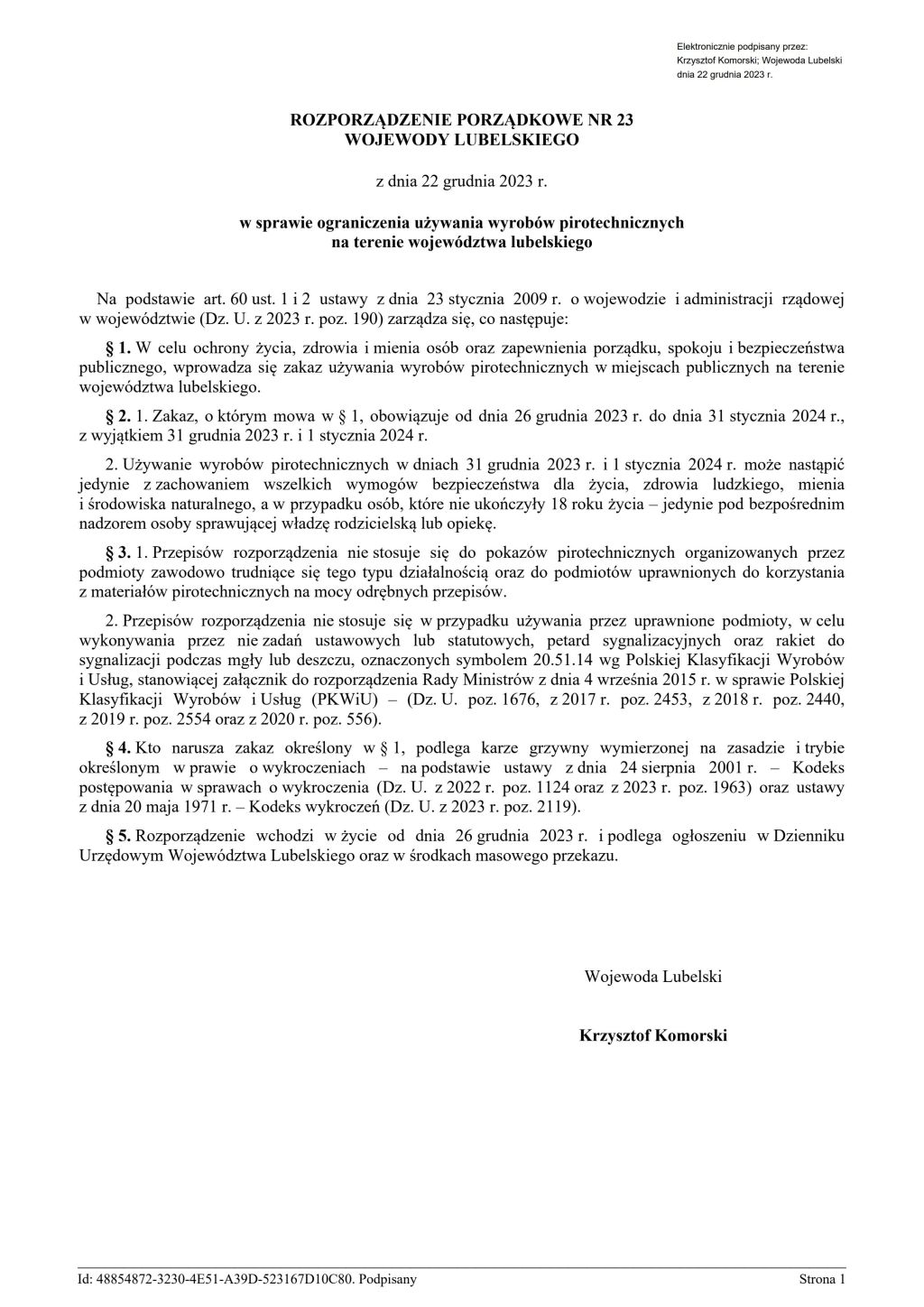 Rozporządzenie porządkowe Nr 23 Wojewody Lubelskiego z dnia 22 grudnia 2023 r. w sprawie ograniczenia używania wyrobów pirotechnicznych na terenie województwa lubelskiego