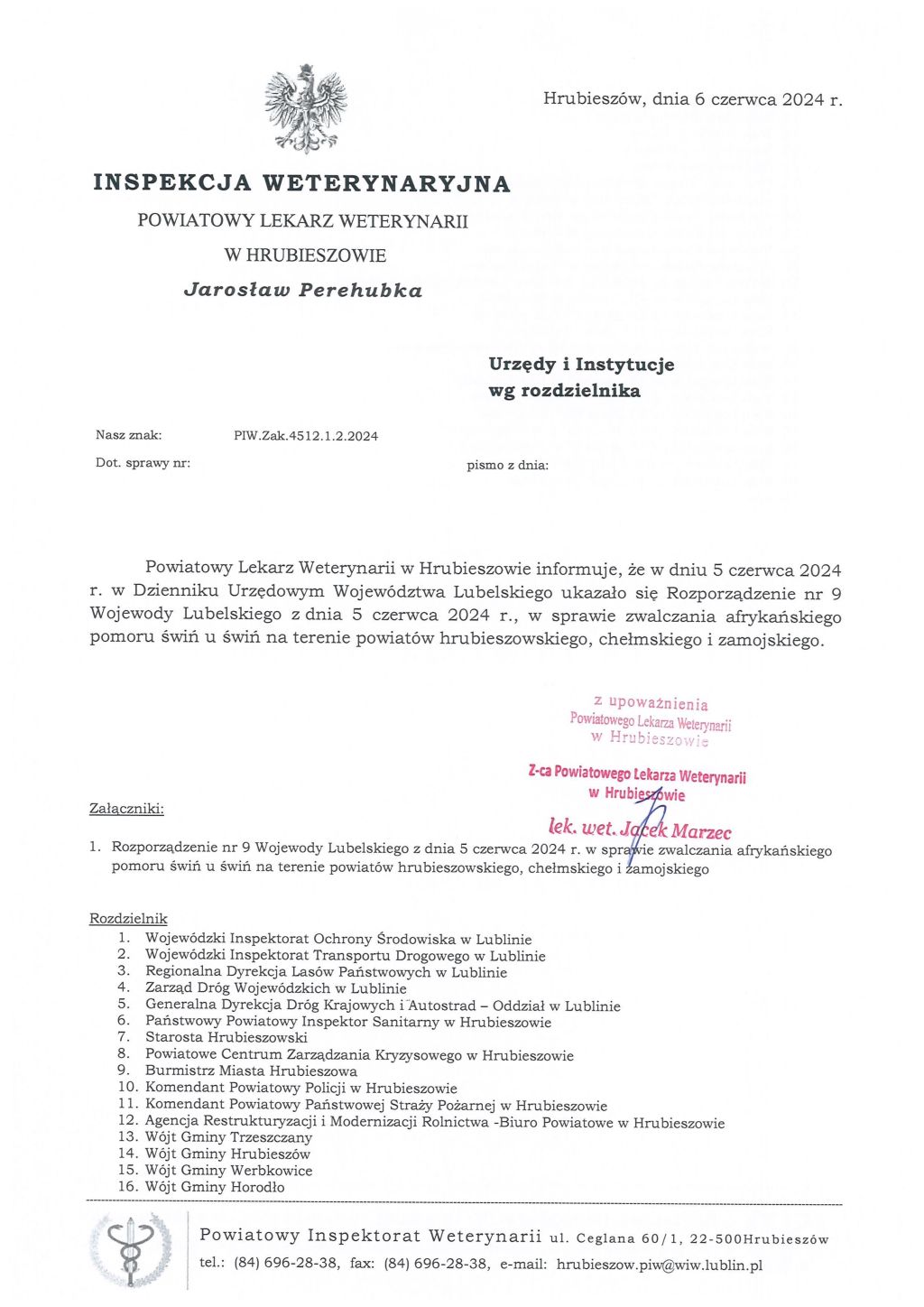 Informacja Powiatowego Lekarza Weterynarii w Hrubieszowie