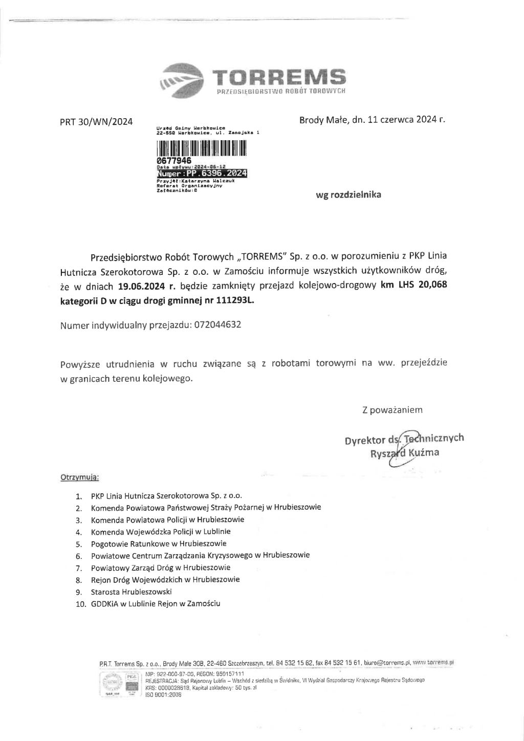Informacja o zamknięciu przejazdu kolejowo-drogowego LHS w dniu 19.06.2024 r.