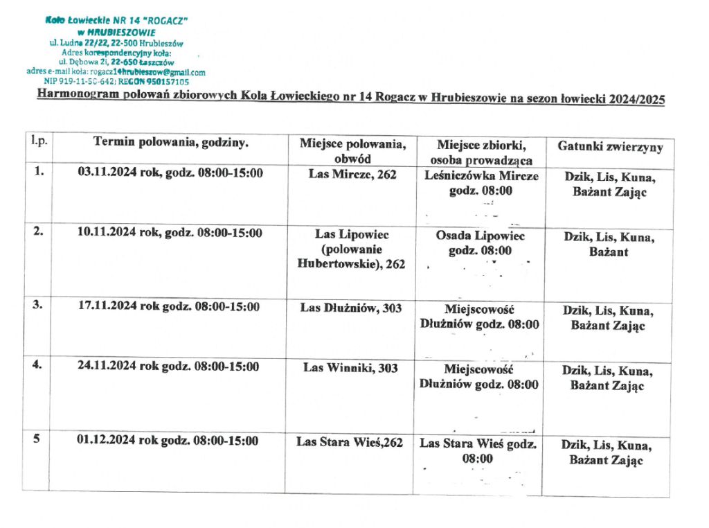 Obwieszczenie o terminach i miejscu polowań zbiorowych Koła Łowieckiego Nr 14 Rogacz w sezonie łowieckim 2024/2025