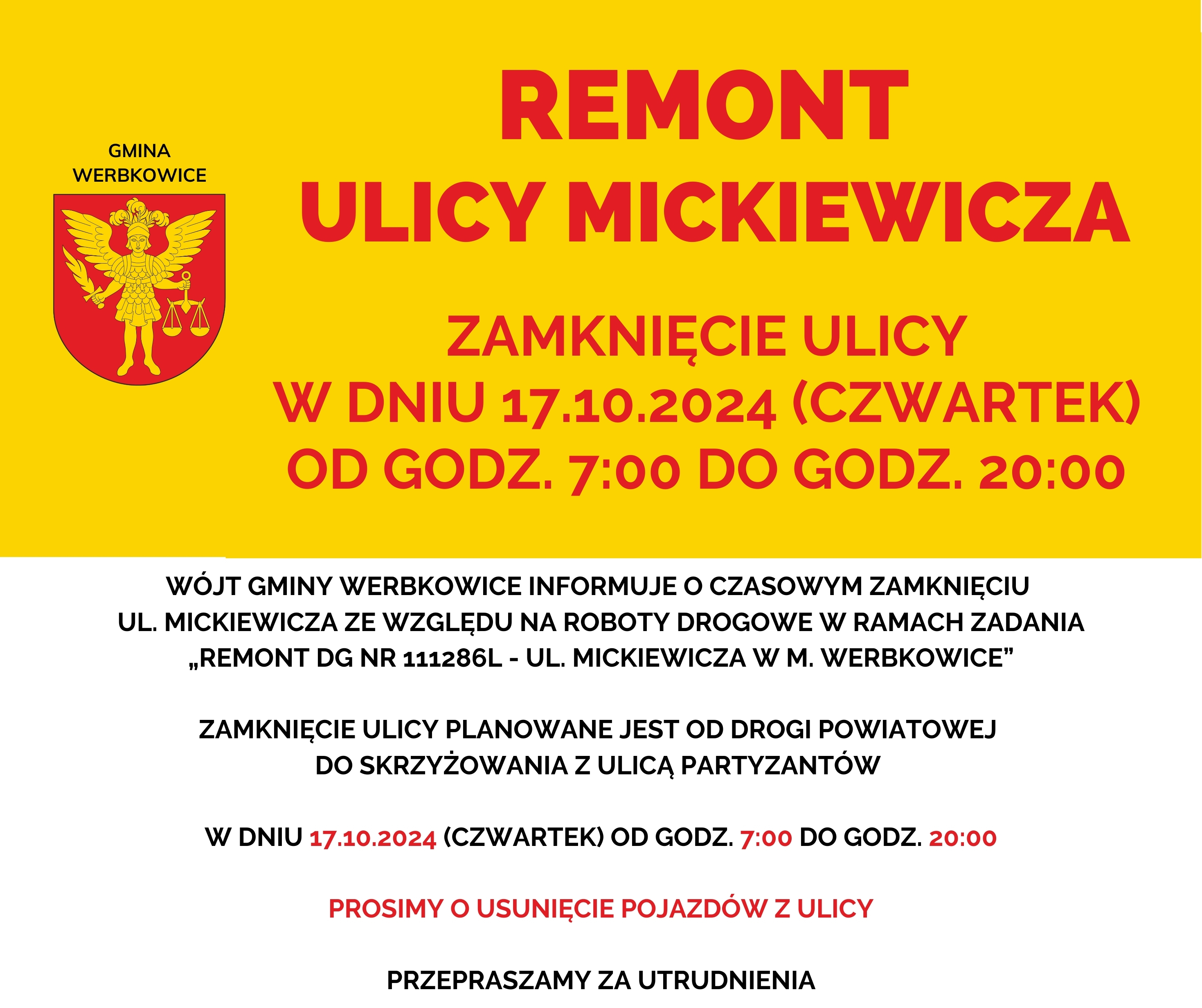 Ogłoszenie - Zamknięcie ul. Mickiewicza w dniu 17.10.2024