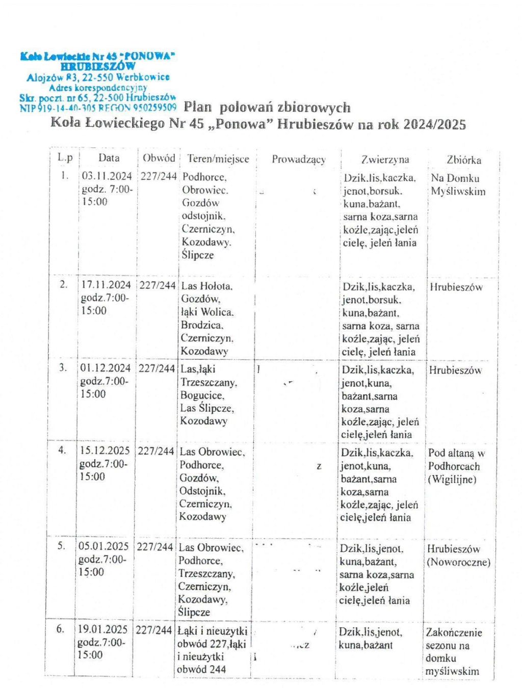 Harmonogram polowań zbiorowych 2024/2025 - KŁ Ponowa