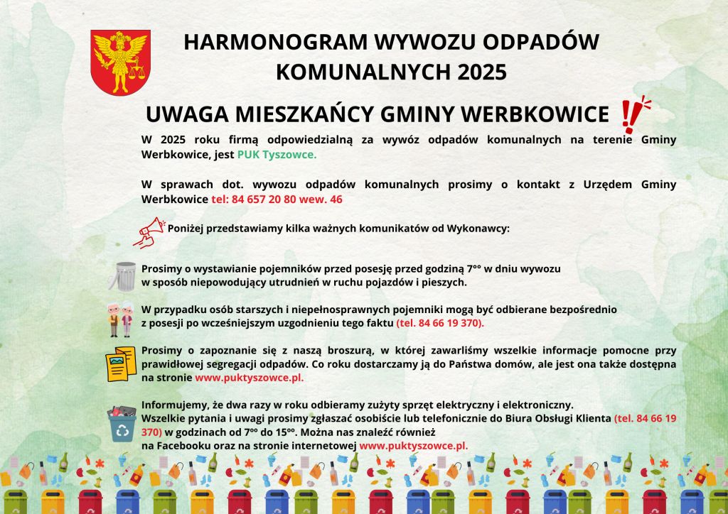 Harmonogram wywozu odpadów komunalnych w 2025 roku 