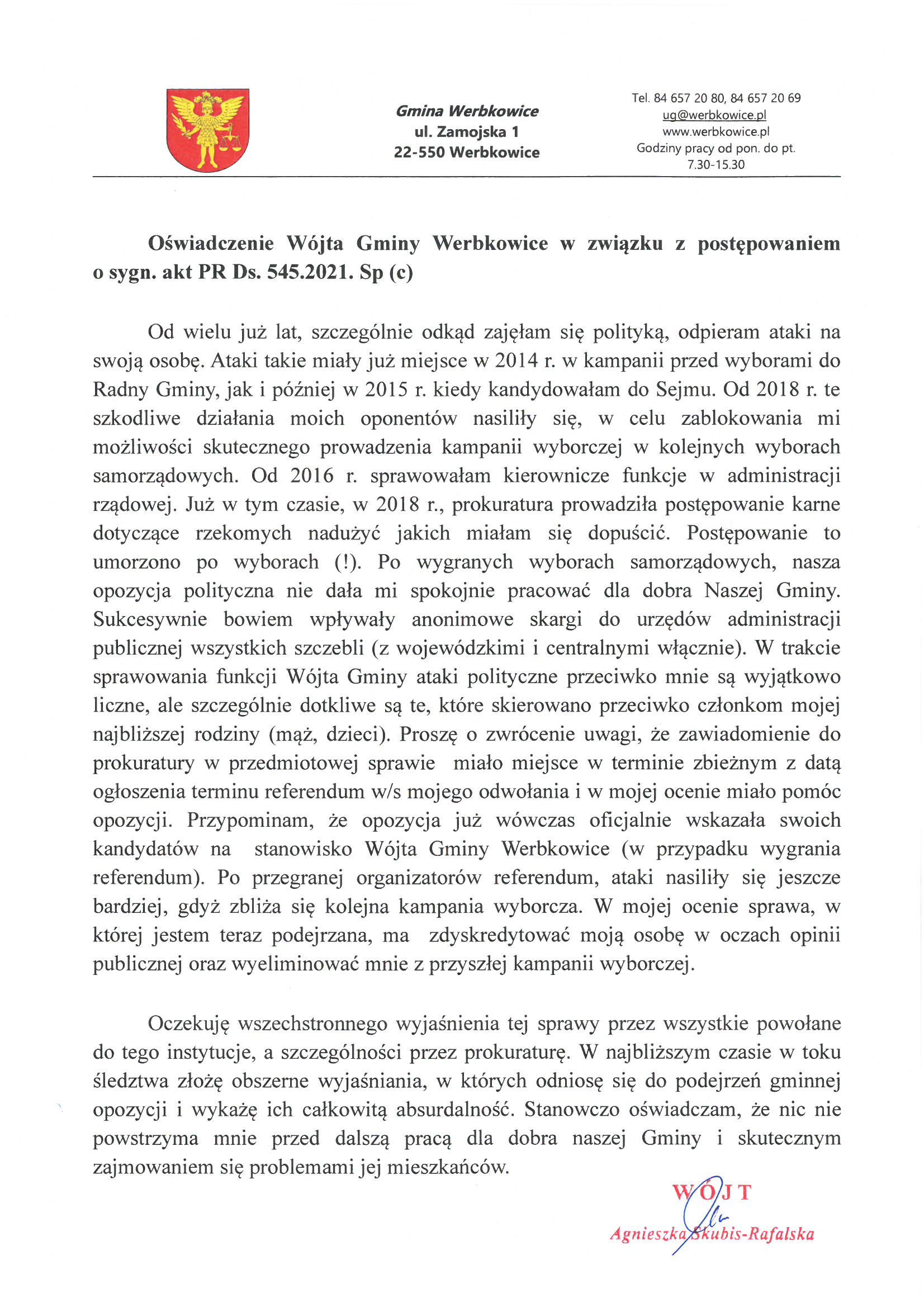 Oświadczenie Wójta Gminy Werbkowice w związku z postępowaniem o sygn. akt PR Ds. 545.2021. Sp (c)